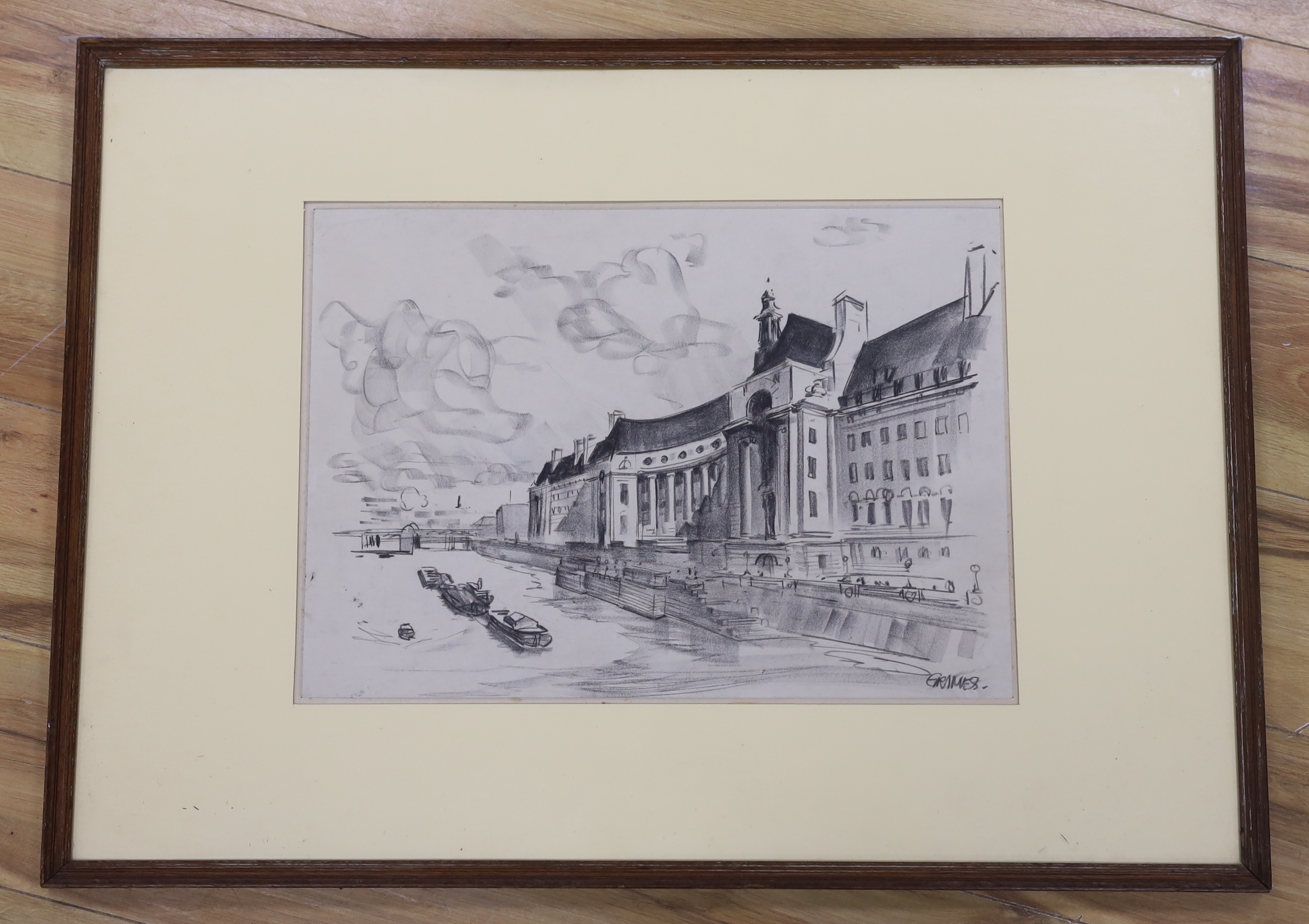 Leslie Grimes (1897-1983), charcoal drawing, 'The London County Hall', signed, various inscriptions verso including cartoonist of The Star, 48 x 34cm